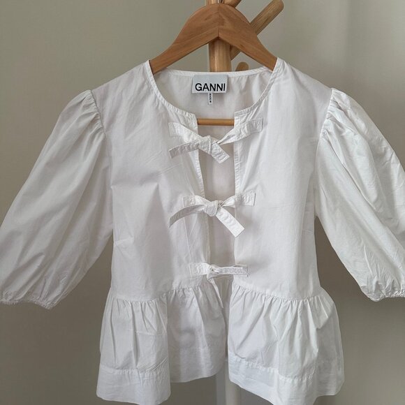 GANNI White Cotton Poplin Peplum Tie Blouse - Picture 2 of 5
